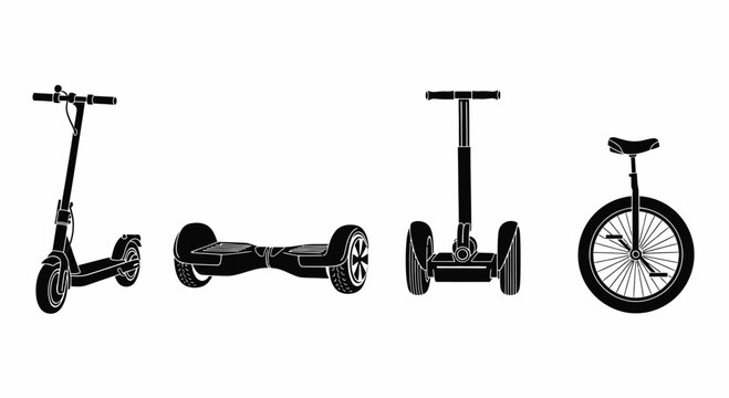 Black Silhouette Set of Modern Electric Personal Transport Including E-Scooter, Hoverboard, Self-Balancing Scooter, and Unicycle