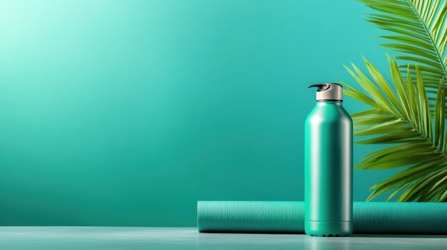 A sleek, turquoise metallic water bottle stands elegantly next to a yoga mat on a vibrant turquoise background, symbolizing fitness, hydration, and healthy living.