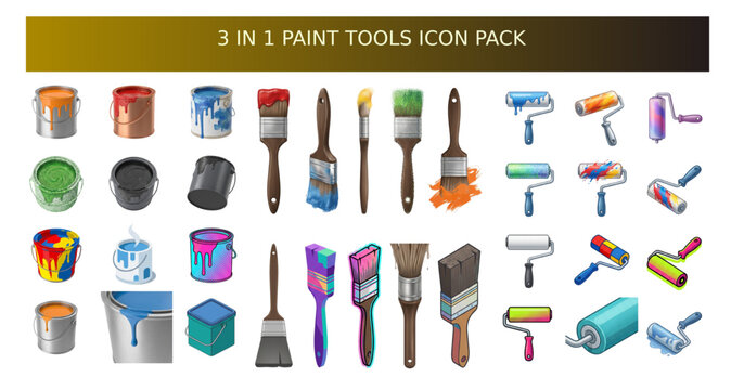 Paint tools icon pack with paint buckets brushes and rollers paint can paint brush paint roller white background painting