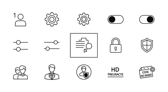 Settings icons showcase various technical controls including gear wheels, privacy shields, user profiles, and toggle switches for a digital interface.