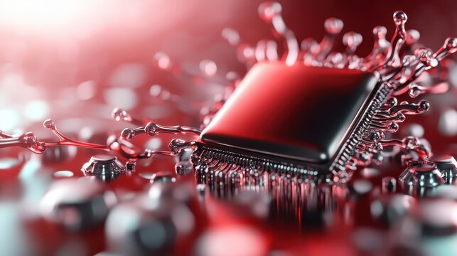 An artistic representation of a high-tech computing chip surrounded by vibrant liquid splashes, symbolizing the fusion of technology and creativity in the digital age.