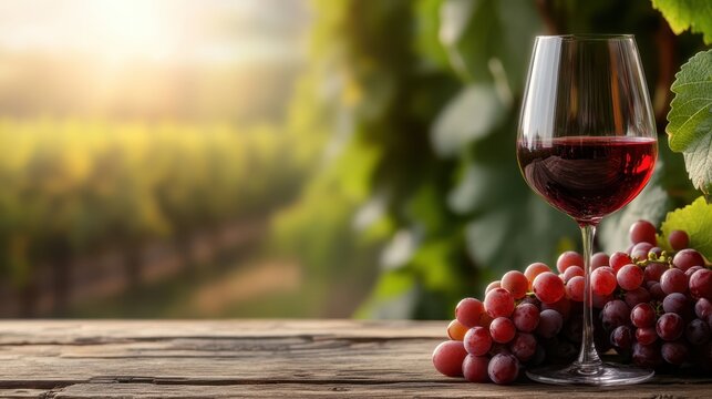 An elegant glass of red wine rests beside plump grapes, set against a lush vineyard backdrop. This image captures the essence of sophistication and enjoyment of fine dining.