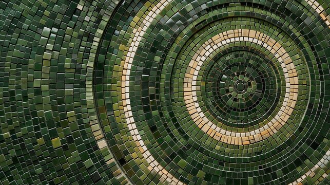 Abstract concentric spiral pattern made of small green and beige mosaic tiles creating textured geometric decorative surface for background use
