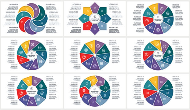 Set infographic with 8, 9 steps, options, parts or processes. Business data visualization.
