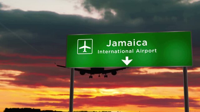Airplane silhouette landing in Jamaica, Kingstone. Plane city arrival with airport direction signboard and sunset in background. Travel, trip and transportation 3d concept.