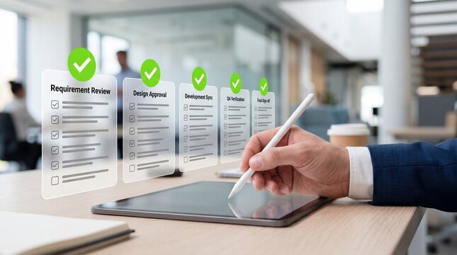 Businessman using digital tablet to check project requirements, design approval and development sync with checklist on virtual screen in modern office.
