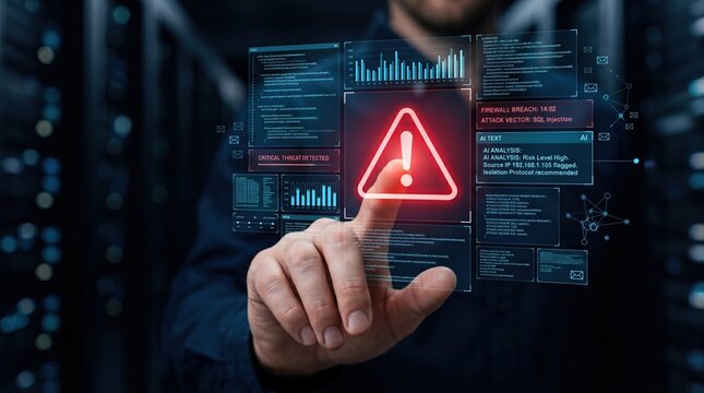 Futuristic cybersecurity interface showing critical threat alert, firewall breach detection, SQL injection attack vector, AI analysis dashboard, network protection system.