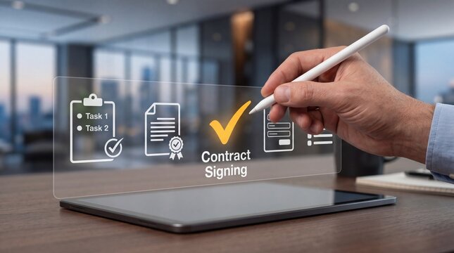 Hand signing digital contract on transparent holographic screen with stylus pen, legal agreement approval process, electronic signature verification, and task management checklist