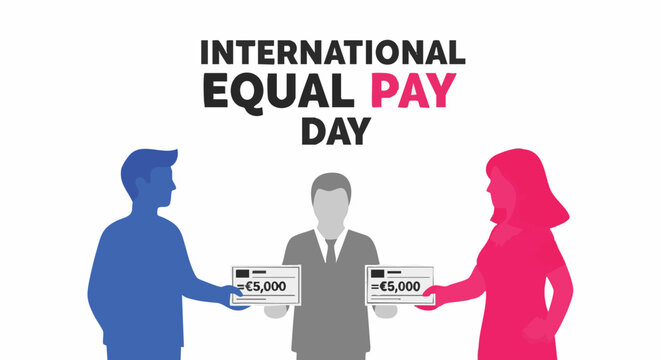 International Equal Pay Day infographic with blue man and red woman holding paychecks in flat design for business and social issues