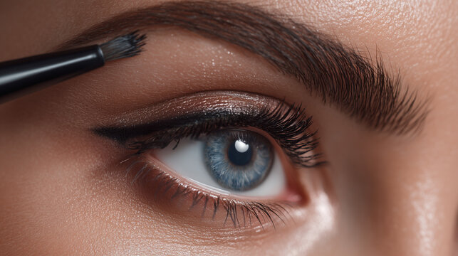 Close up of eye makeup application with brush for eyeliner and eyebrow shaping tutorial guide
