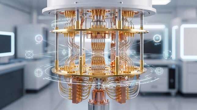 Futuristic quantum computer processor core in high tech laboratory, advanced artificial intelligence technology, superconducting qubits, scientific research equipment, innovation