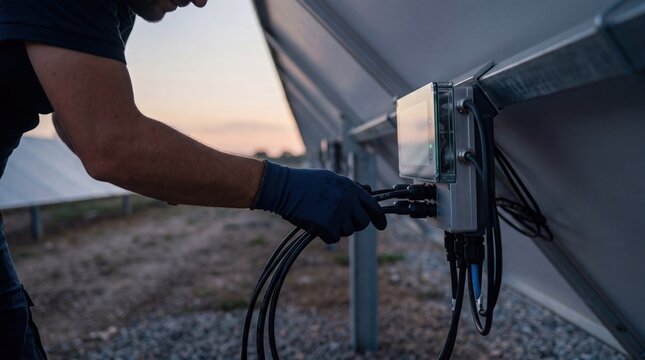 Technician installing solar panel inverter system, connecting cables for renewable energy power plant maintenance and sustainable green technology infrastructure development at