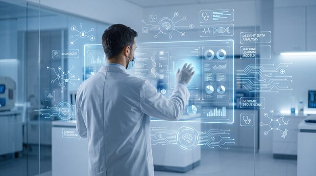 Scientist analyzing patient data on futuristic holographic interface screen, AI diagnosis and genomic sequencing research in modern medical laboratory with advanced biotechnology