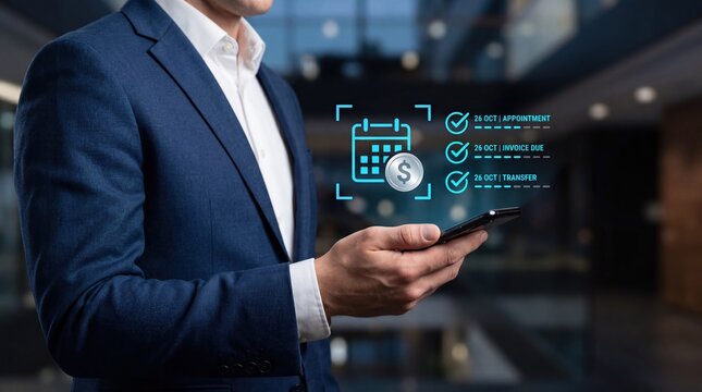 Businessman using smartphone with finance app showing calendar, invoice due date and transfer options for payment management