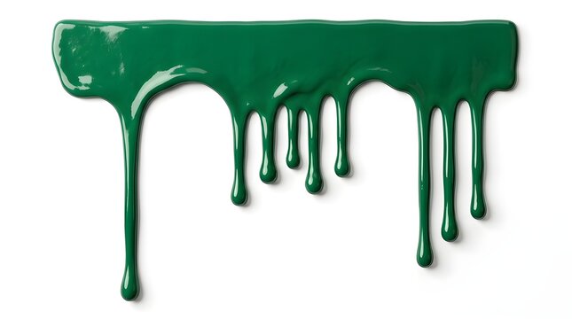 Emerald Green Viscous Paint Drips and Flow Isolated on Pure White Background