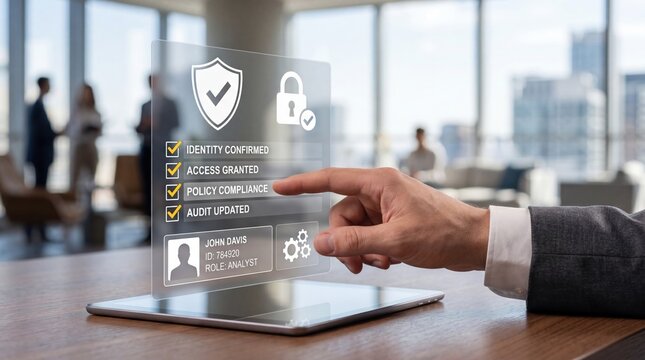 Hand interacting with holographic security interface showing identity confirmation, access granted status, policy compliance checklist and audit update for John Davis analyst