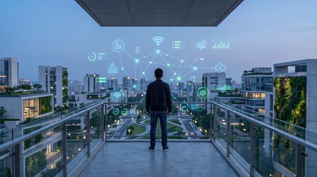 Man standing on balcony overlooking futuristic smart city skyline with augmented reality network connections, IoT icons, data analytics and cloud computing overlay representing
