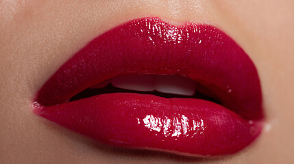 Fototapeta premium Red lipstick beauty close up of glossy lips makeup trend and style for fashion and cosmetic industry
