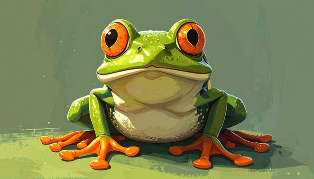 A green frog with large orange eyes and feet sits on a green surface