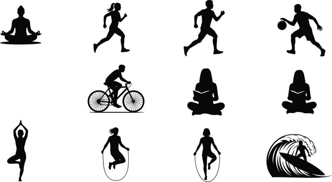 Active lifestyle silhouette set featuring yoga meditation running cycling basketball reading surfing and fitness activities isolated on white background