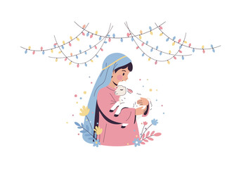 Woman Holding White Goat or Lamb. © killa