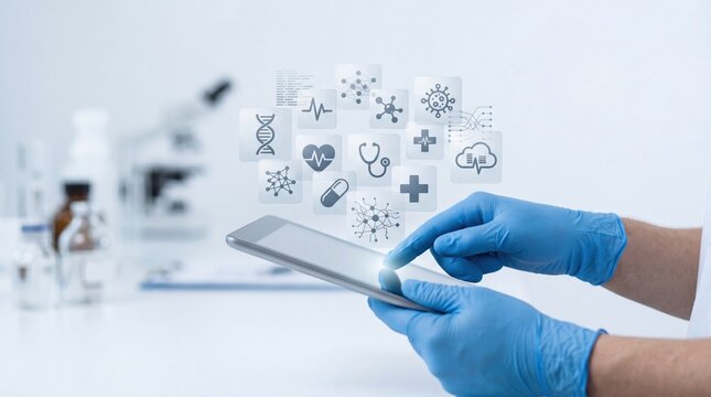 Medical researcher or doctor using tablet with floating healthcare icons including DNA, virus, heart, stethoscope, pill, cloud computing in sterile laboratory setting for digital