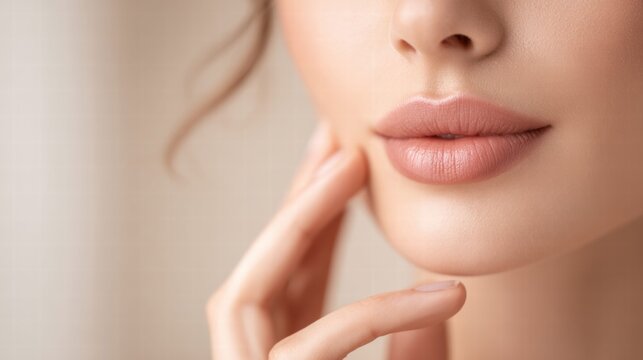 A beautiful woman is seen in a close-up shot, focusing on her delicate skin and full, pink lips.