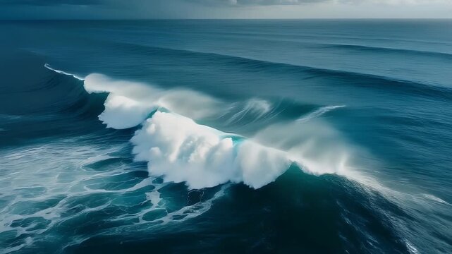 An aerial view captures the powerful motion of ocean waves crashing against the shore, showcasing the raw beauty and energy of the sea.