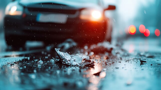 This image captures a dramatic car crash scene, showcasing shattered glass on a wet road, emphasizing the chaos and danger of driving in adverse weather conditions.