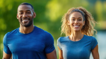 Obraz premium An attractive couple smiles while jogging outdoors on a sunny day, enjoying a workout.