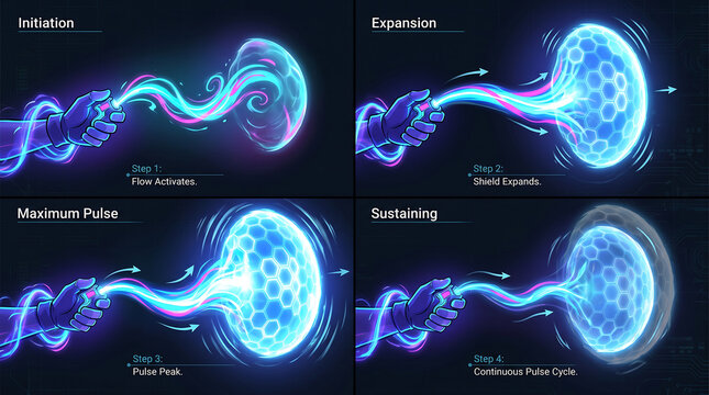 Infographic illustrating cardiac pulse phases initiation expansion maximum pulse and sustaining with glowing blue and purple heart visualizations on a dark background