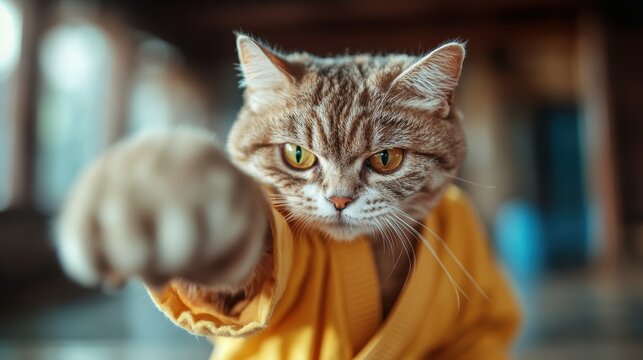 A clever cat dressed in a yellow robe strikes a determined pose, showcasing its playful spirit and charm, perfectly capturing the essence of feline personality.