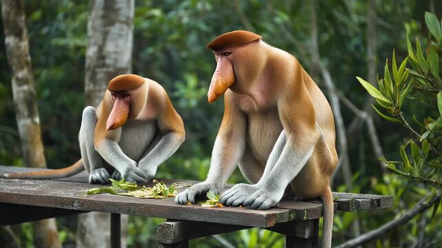 Two proboscis monkeys are seen foraging for food on a wooden platform amidst a lush, green tropical forest environment.