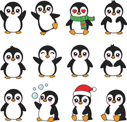Fototapeta premium Kawaii Penguin Vector Character Set Cute Cartoon Sticker Sheet