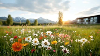 Fototapeta premium A breathtaking display of blooming wildflowers in various colors under a clear sky, creating a peaceful and serene atmosphere in nature's beautiful meadow.