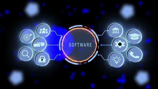 Futuristic software development interface with animated digital hud glowing circular ui network connectivity nodes, and data processing visualization for tech presentations