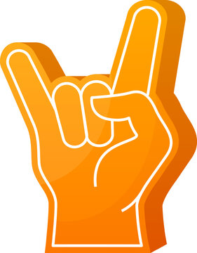 Orange foam hand showing a rock or devil horns gesture