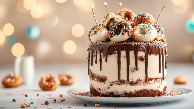 This delightful birthday cake showcases layers of icing, adorned with colorful sprinkles and mini donuts that create a playful, vibrant atmosphere perfect for celebrations.