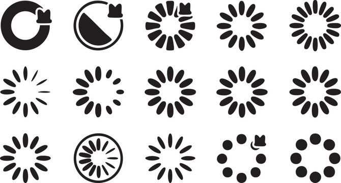 Loading Progress Bar and Spinner Icon Set, Minimalist Black Buffering Symbols for Website UI and App Interface Design