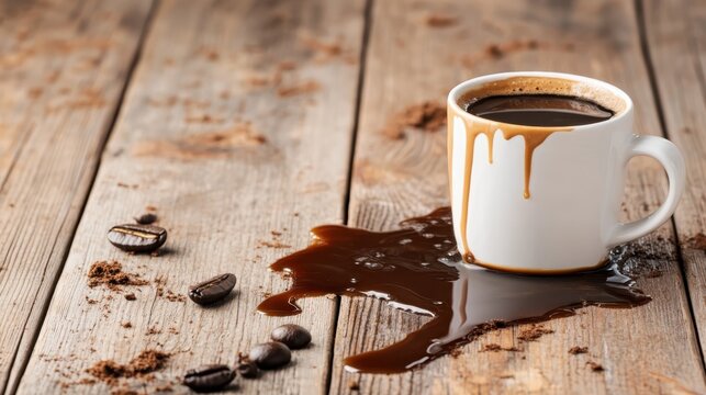 A white coffee mug tipped over spills dark coffee onto a wooden surface, capturing a spontaneous and cozy moment often found in everyday life.