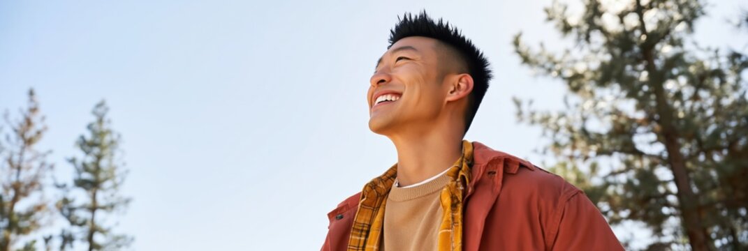 Young man smiling while looking skyward in pine forest