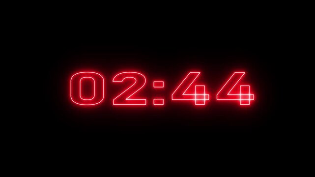 A wonderful glowing red neon line colors countdown animation,5 minutes to 0 minutes. Abstract 5 minute countdown,number,stopwatch,clock animation with normal text on black background.