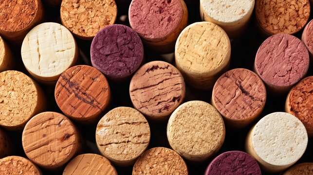 Vertical view of wine cork ends forming dense pattern