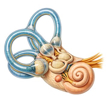 Detailed anatomical illustration of human inner ear structures including cochlea and semicircular canals