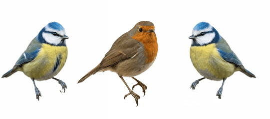 The set of three colorful songbirds PNG with two blue and yellow tits and one red-breasted bird isolated on white for nature posters, wildlife clipart and educational art  © Dennis