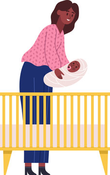 Mother feeling tender love while gently placing newborn baby in a crib