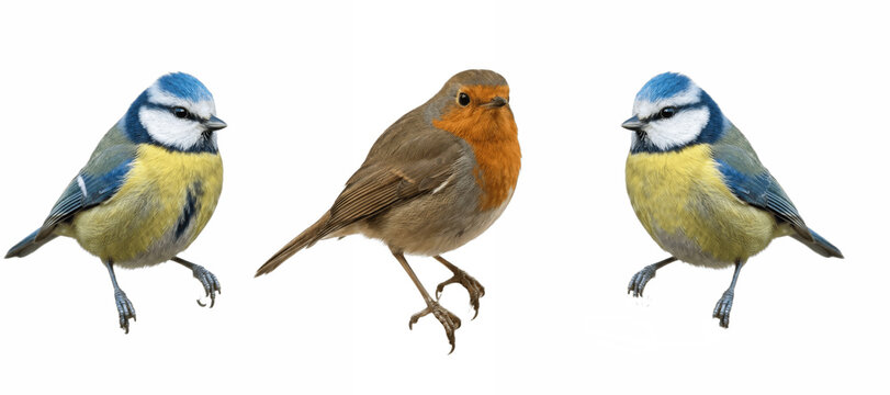 The set of three colorful songbirds PNG with two blue and yellow tits and one red-breasted bird isolated on white for nature posters, wildlife clipart and educational art
