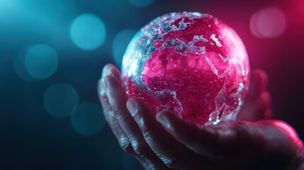 Naklejka premium This image depicts a glowing globe held delicately in hands, representing the importance of hope, global unity, and environmental awareness in a modern context.