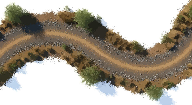 Winding dirt road top view, aerial gravel path with green bushes and stones, curved rural track for map design and game environment