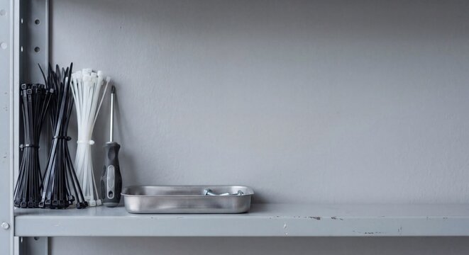 Cable Ties and Screwdriver on Metal Utility Shelf